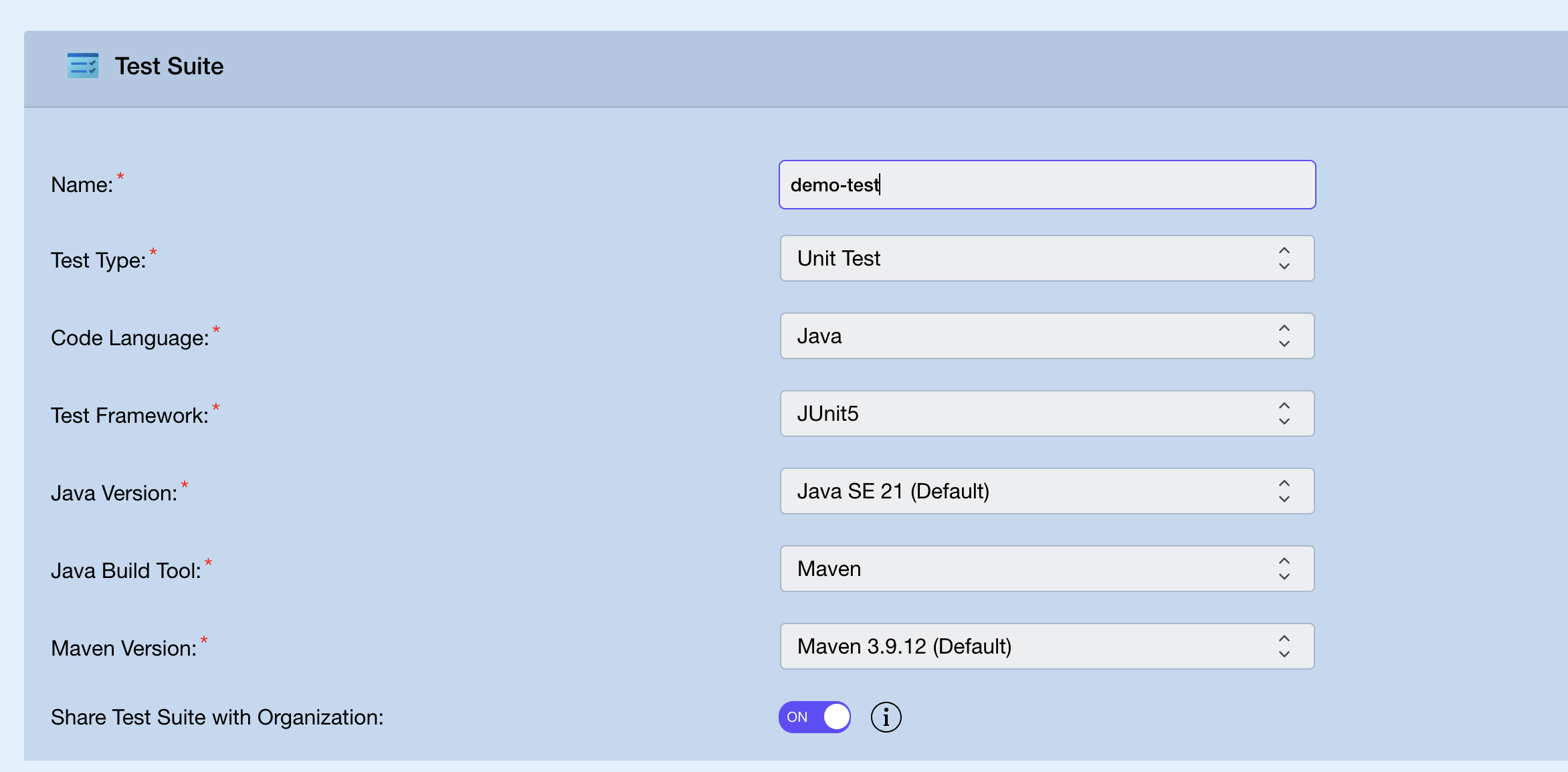 Test Suite form — Name, Test Type, Code Language, Test Framework, Java Version, Build Tool fields